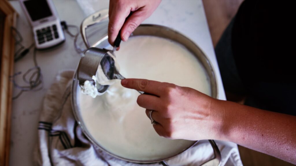 A woman mixes in yogurt starter to a pot of warmed milk.