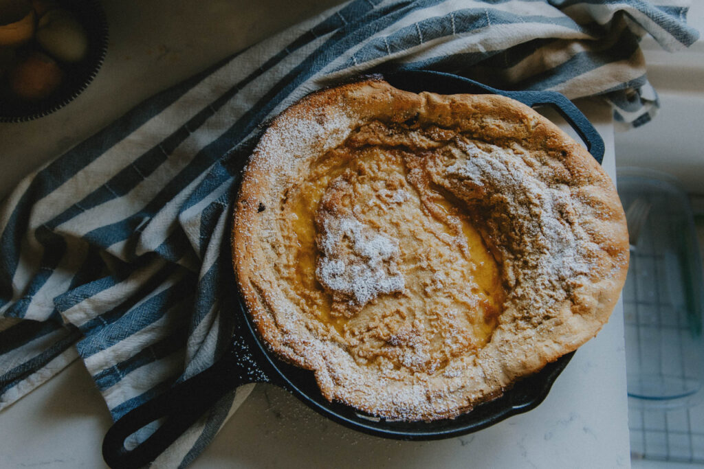 A delicious brown butter chocolate chip dutch baby.