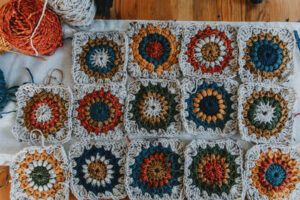 A patchwork of crochet sunburst granny squares