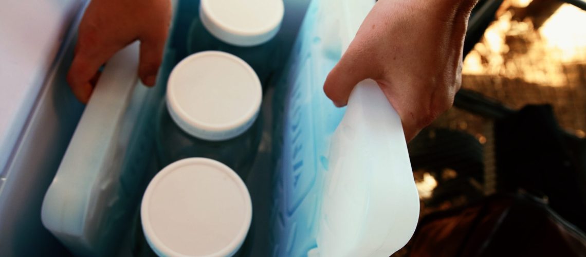 Three jars of raw milk rapid cool in a cooler full of ice water