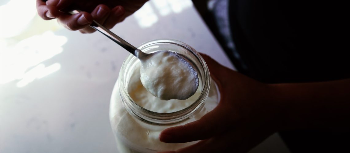 Thick and creamy goat milk yogurt sits in a spoon atop a jar.